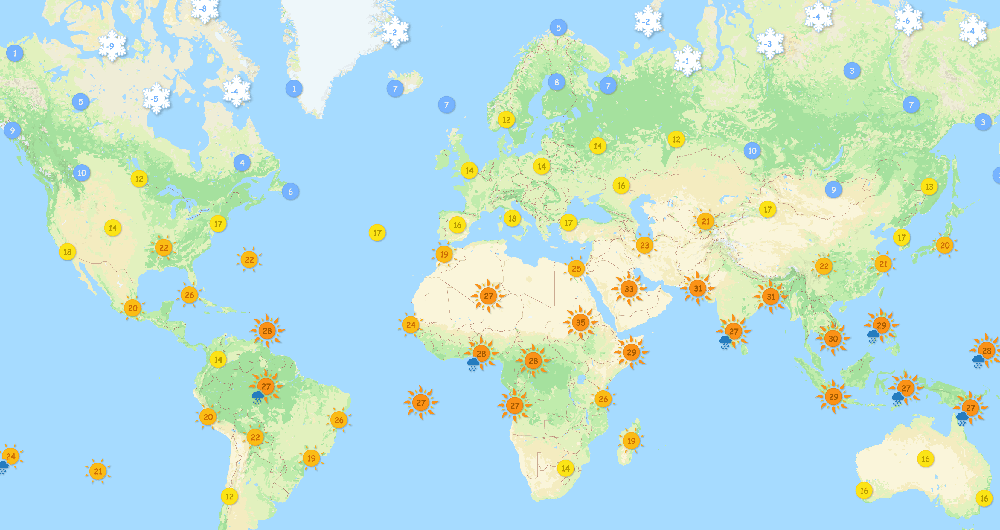 Interactive world map with temperature and rain icons