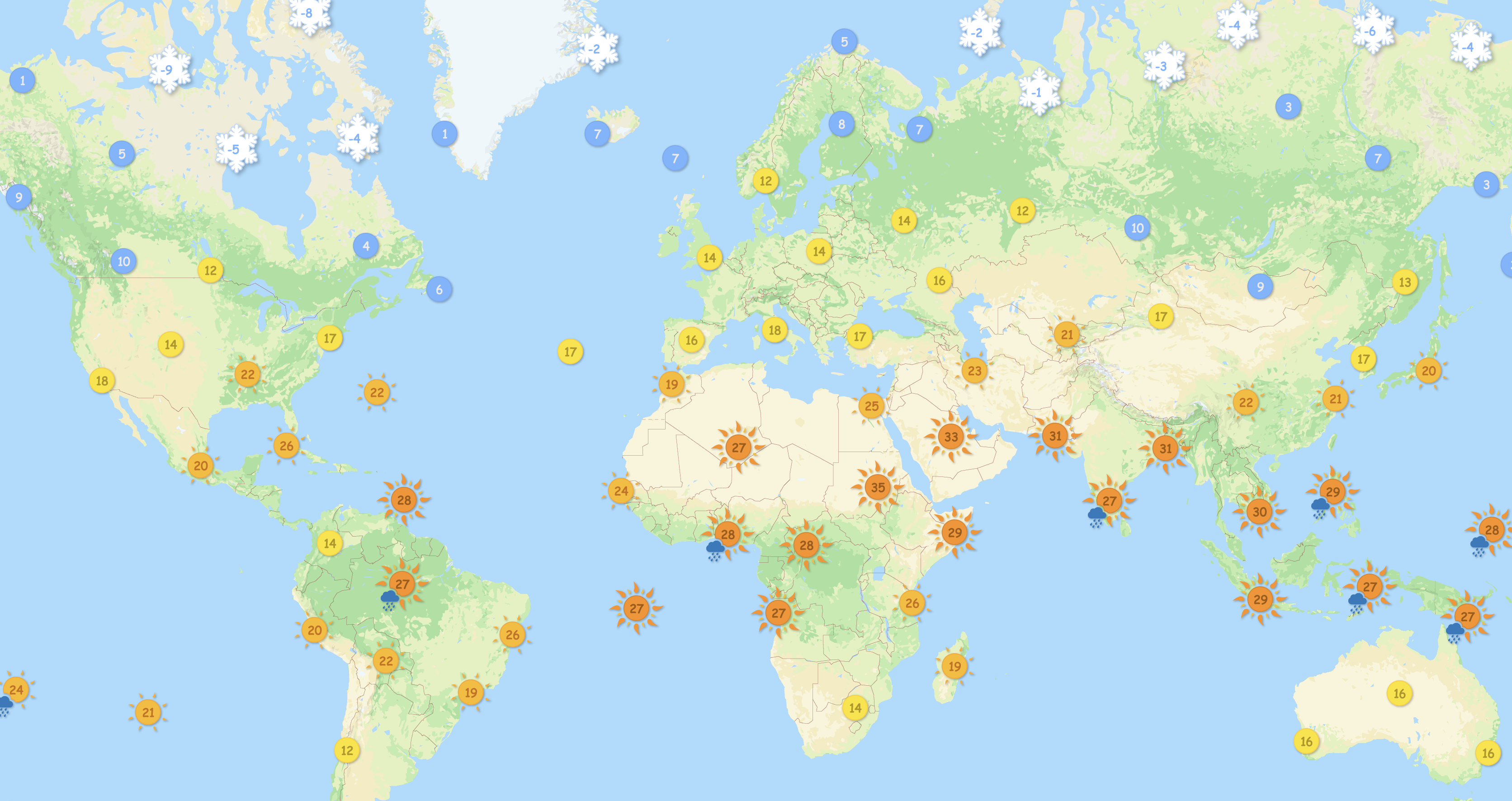 Interactive world map with temperature and rain icons